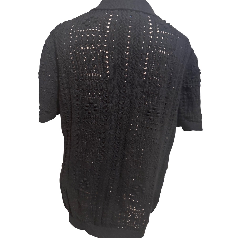 Black Crochet Cardigan M Short Sleeve Button Up Boho Knit Top Open Front Relaxed - Picture 3 of 10
